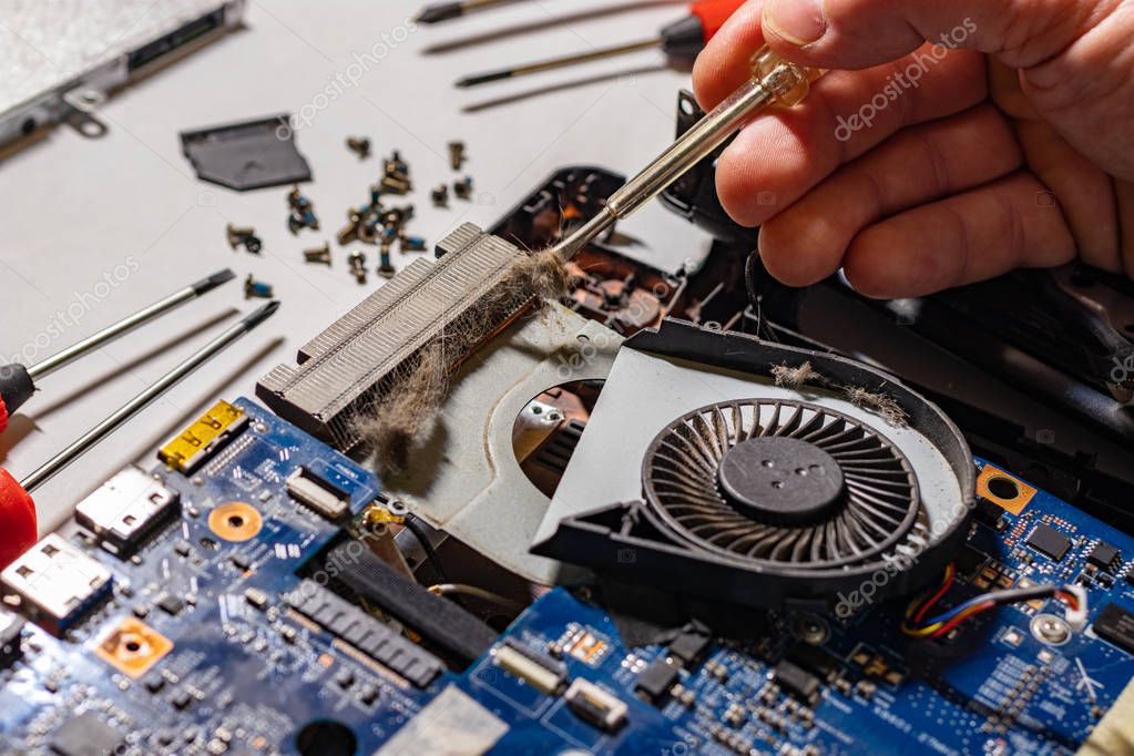 Techniker reinigt PC-Komponenten